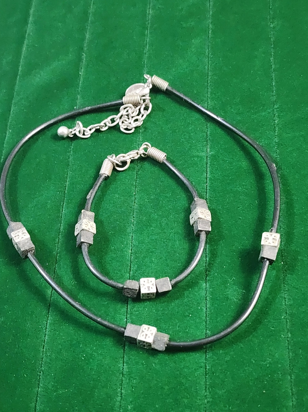 PANAMA JACK Vintage Cable Necklace & Bracelet Silver Tone Cube Beads Minimalist